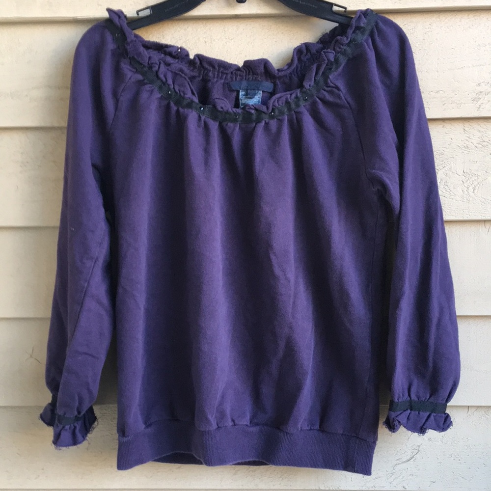 French connection purple jersey shirt with ruffled neckline